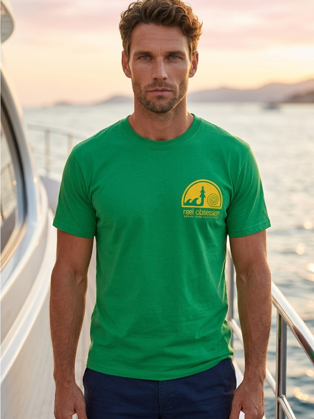 Reel Obsession Men’s Sz Large Grass Green SS Fishing T Shirt Front Back Graphics